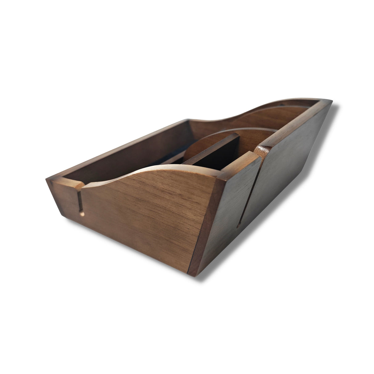 Storus Smart Valet Tray in walnut finish slot view shown emplty