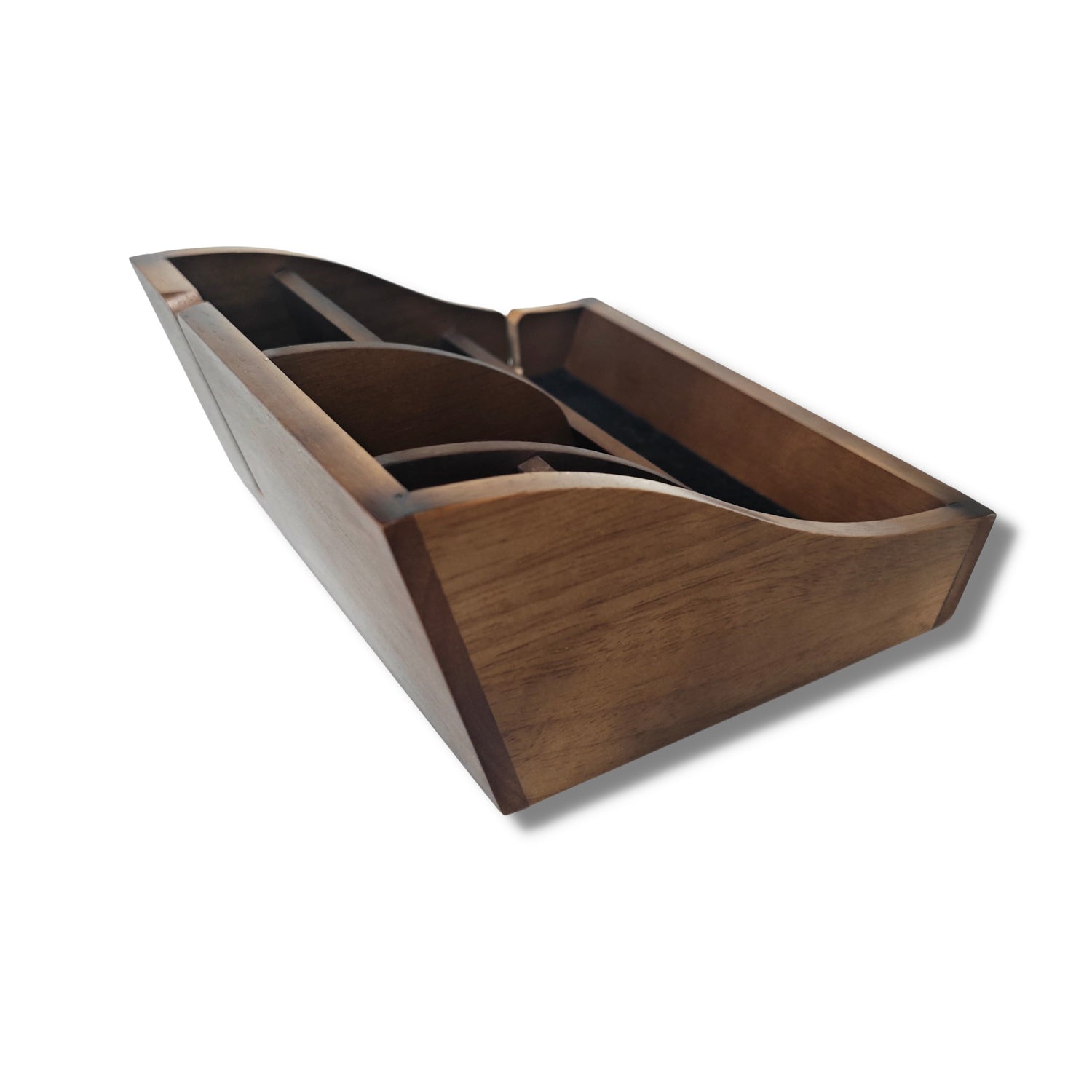Storus Smart Valet Tray in walnut finish side view shown emplty