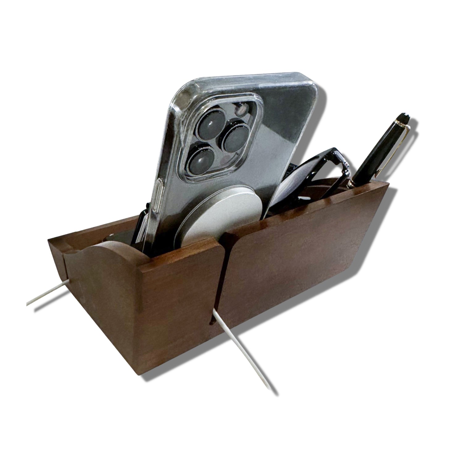 Storus Smart Valet Tray in walnut finish back slots view shown fi;;