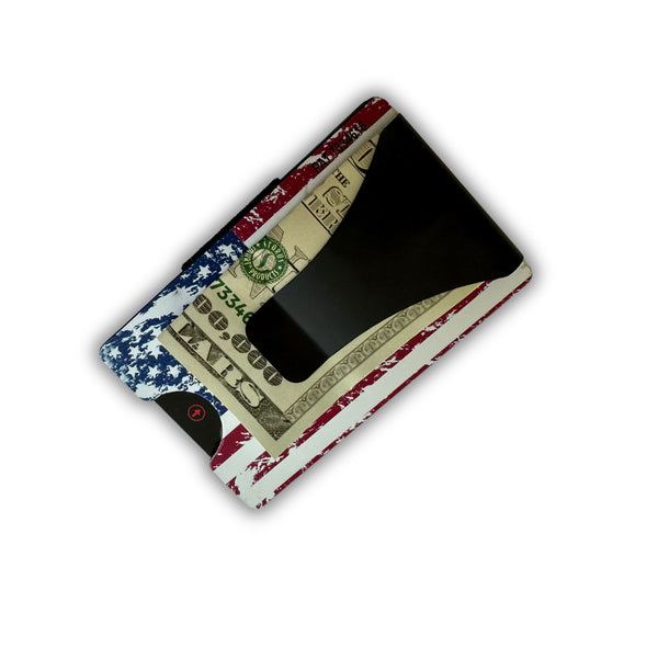 Storus Smart Wallet RFID Blocking card holder money clip wallet in distressed American Flag print clip side shown with money