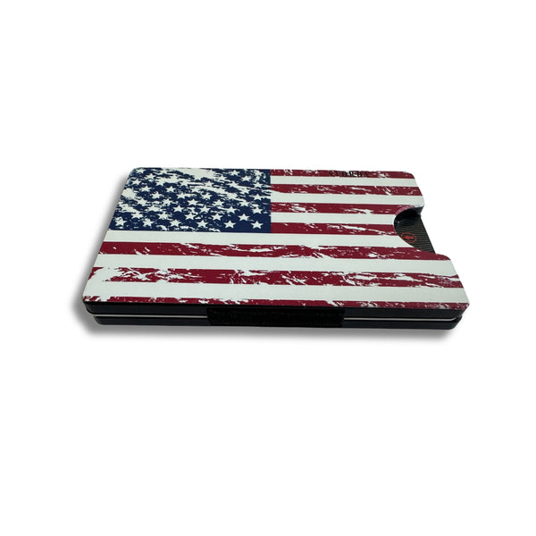Storus Smart Wallet RFID Blocking card holder money clip wallet in distressed American Flag print flat side shown
