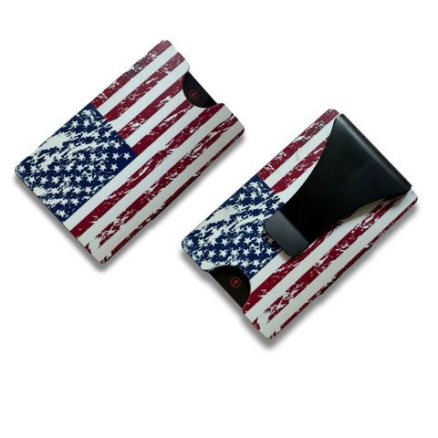Storus Smart Wallet RFID Blocking card holder money clip wallet in distressed American Flag print front side and clip side shown side by side