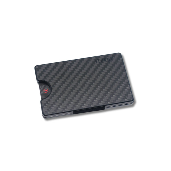 Storus Smart Wallet RFID Card Holder Money Clip in Carbon Fiber material flat side shown