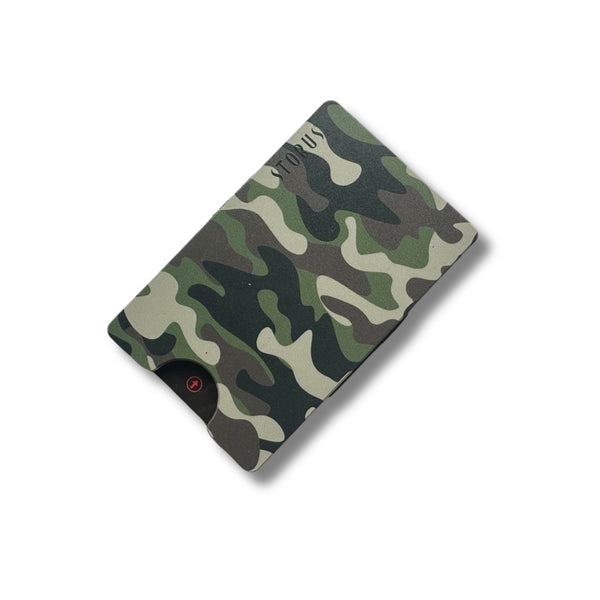 Storus Smart Wallet  RFID blocking card holder money clip in green camouflage print flat side