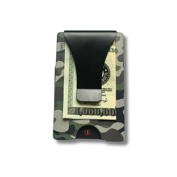 Storus Smart Wallet  RFID blocking card holder money clip in green camouflage print  clip side full