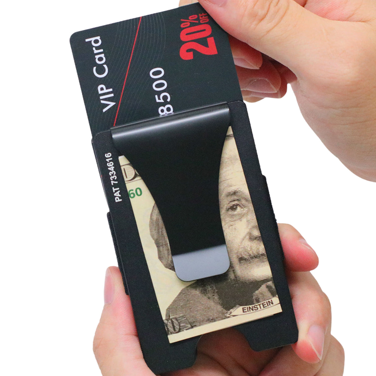Smart Wallet Trackable with air tag compartment clip side shown filled with cards and cash action photo
