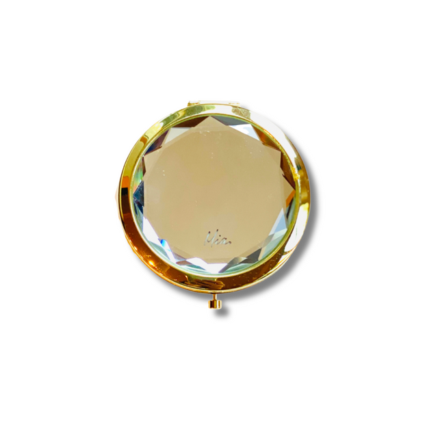 Mia Beauty Jeweled Compact mirror with gold metal and clear glass rhinestone