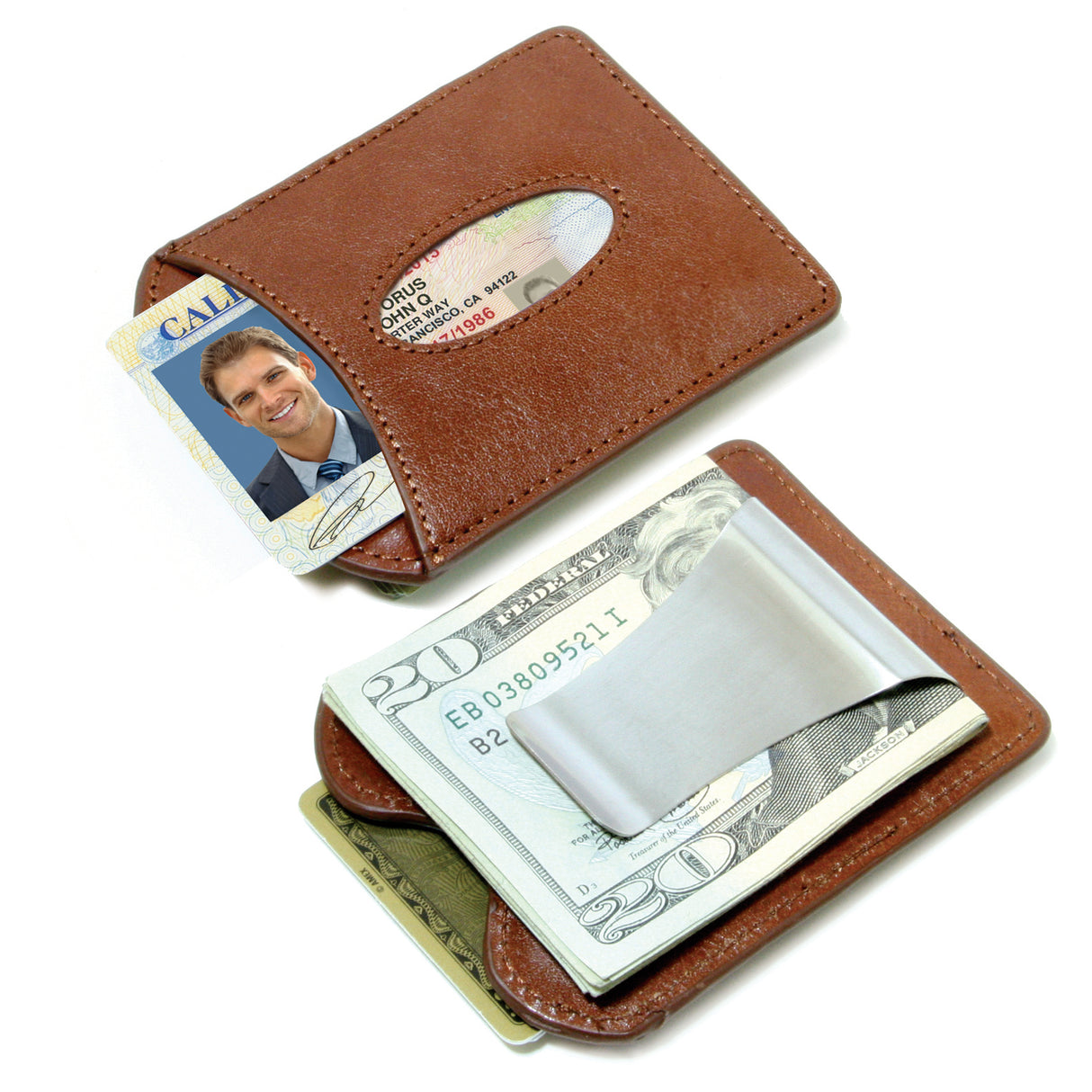Storus® Smart Money Clip® Leather - Cognac - front and back shown side by side