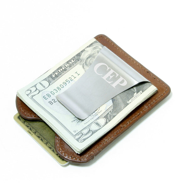 Smart Money Clip® Leather - Cognac - Storus - clip side engraved with initials traditional font and money inside