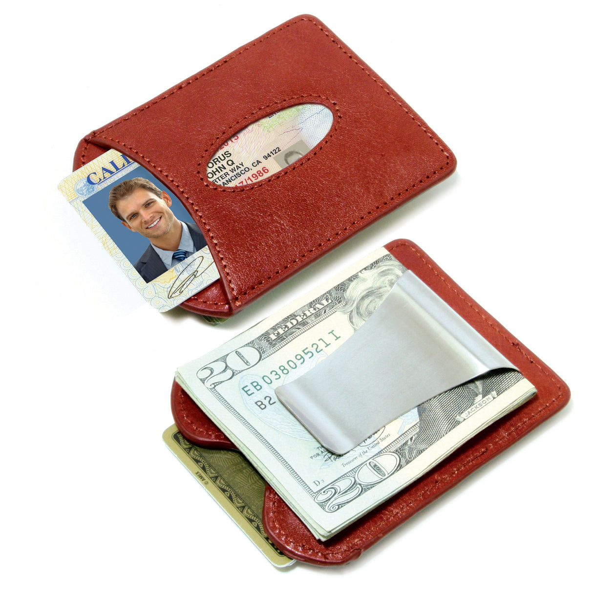 Storus® Smart Money Clip® Leather - Wine Redf - front and back shown side by side and filled