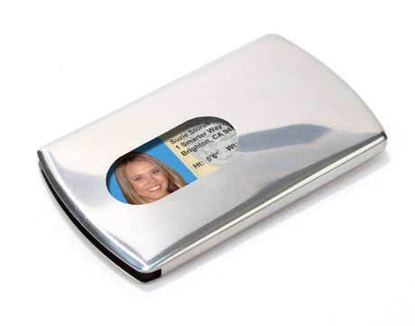 Storus Metal Smart Card Case front side with thumb hole and ID inside