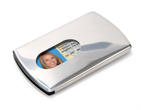 Storus Metal Smart Card Case front side with thumb hole and ID inside