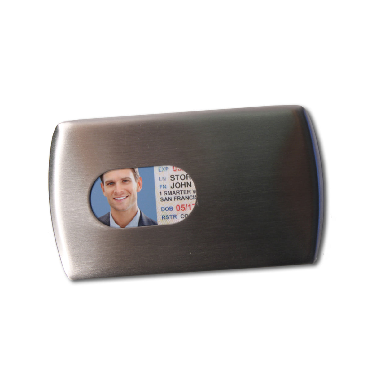 Storus® Metal Smart Card Case - silver - front side shown without the leather cover with thumb hole and ID inside - #Storus #ScottKaminski #SmartCardCase #cardcase