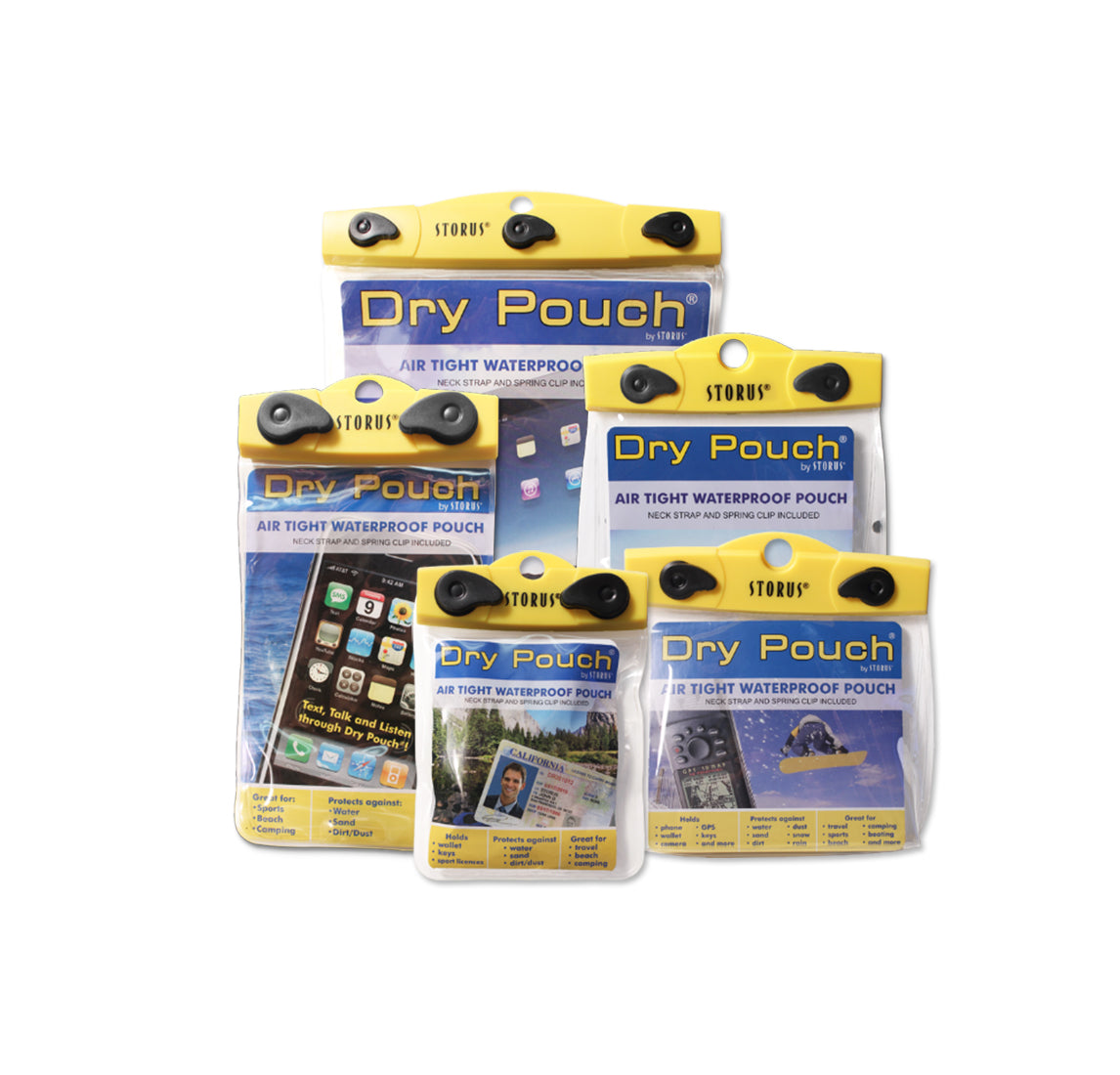 Storus® Dry Pouches all sizes group shot - #ScottKaminski #Storus #Man #MensAccessories #storagesolutions #organization #iphoneholder #travel #camping #boating #beach #kayaking #watersports #waterproofpouch