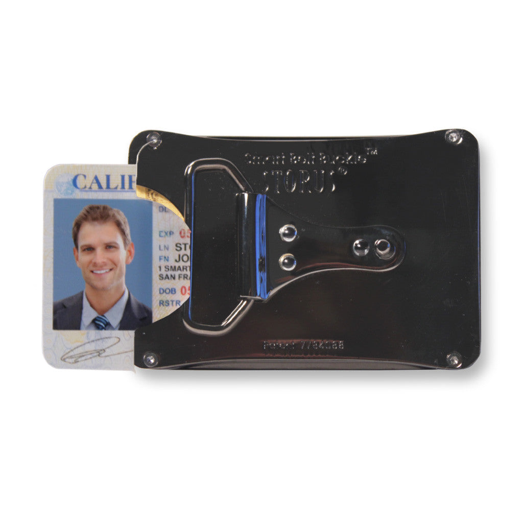 Storus Smart Belt Buckle™ back view with ID sliding out