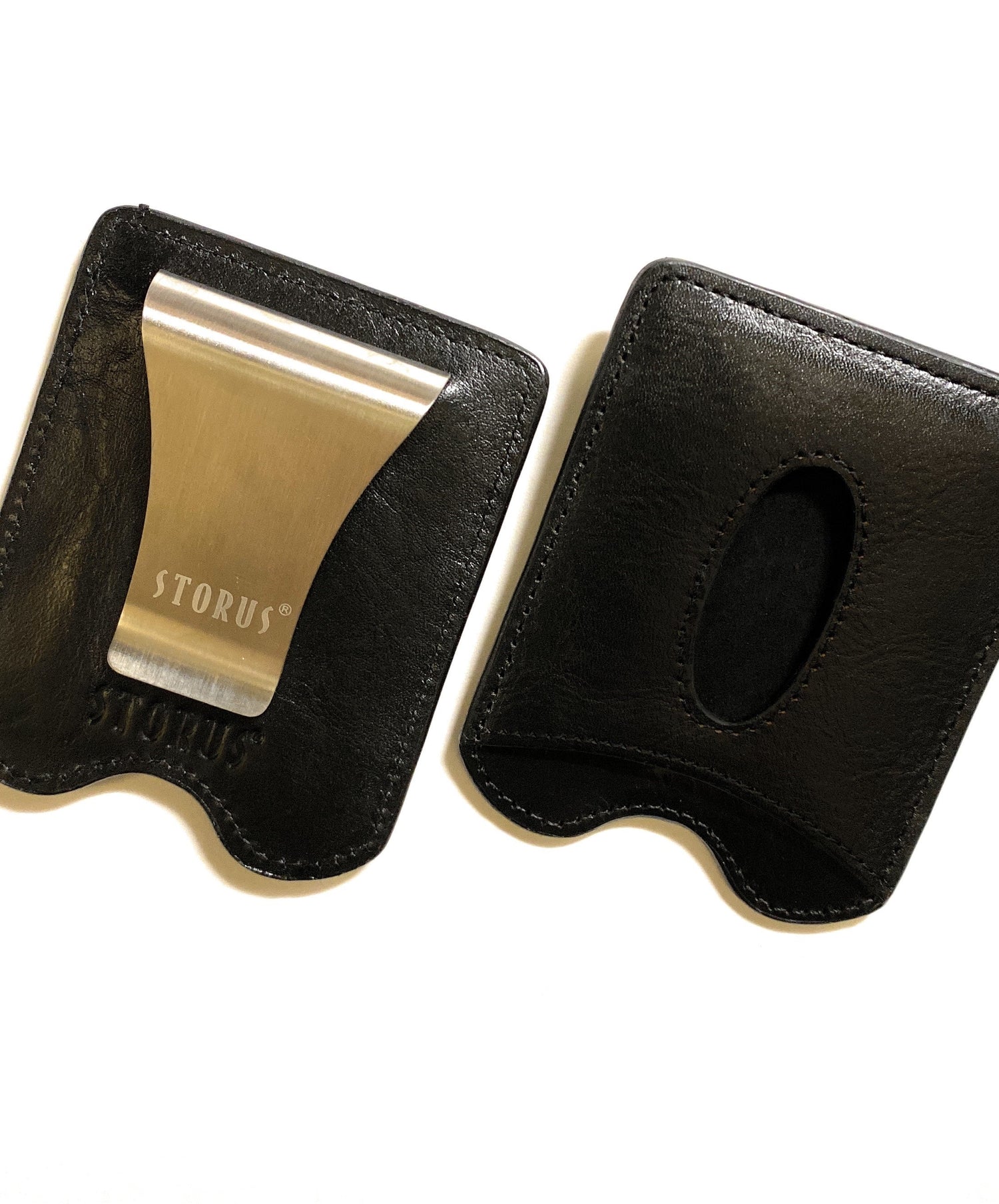 Storus® Smart Money Clip Leather - black - front and back shown side by side  empty