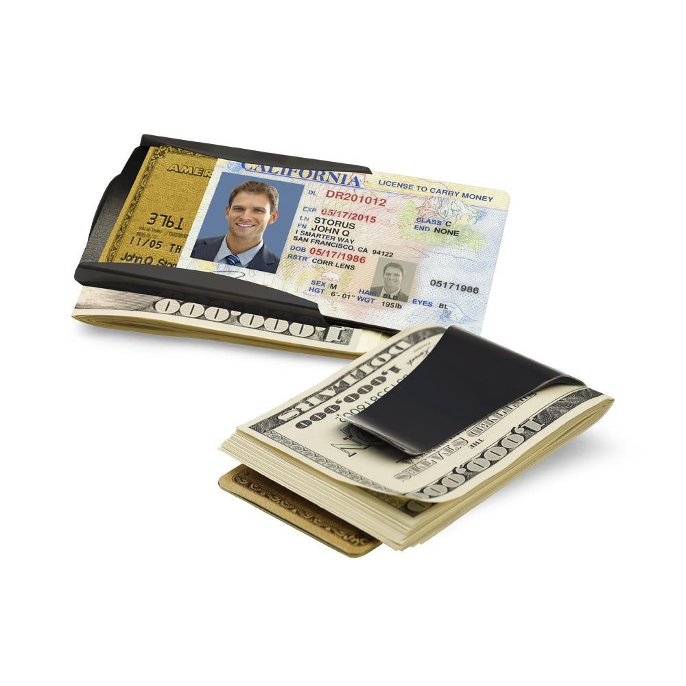 Storus Smart Money Clip Gun Metal card side and clip side shown side by side