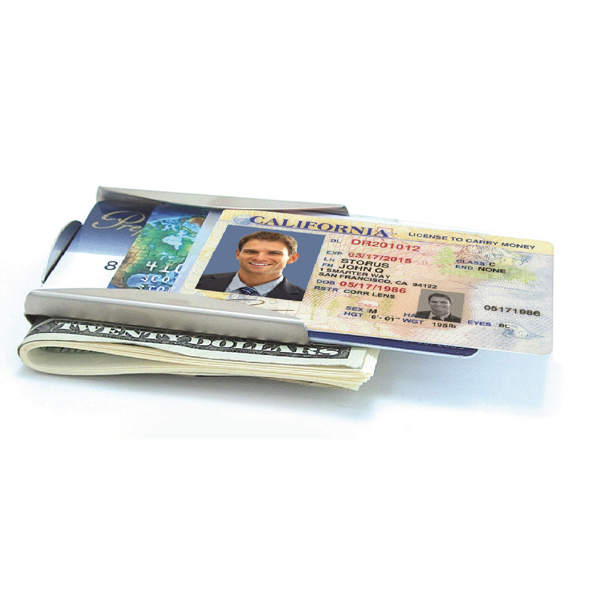 Storus® Smart Money Clip® Titanium with channel side shown with ID being slid out - #ScottKaminski #Storus #MoneyClip #SlimClip #bestmoneyclip #groomsmangifts #Swag #Love #trump #President