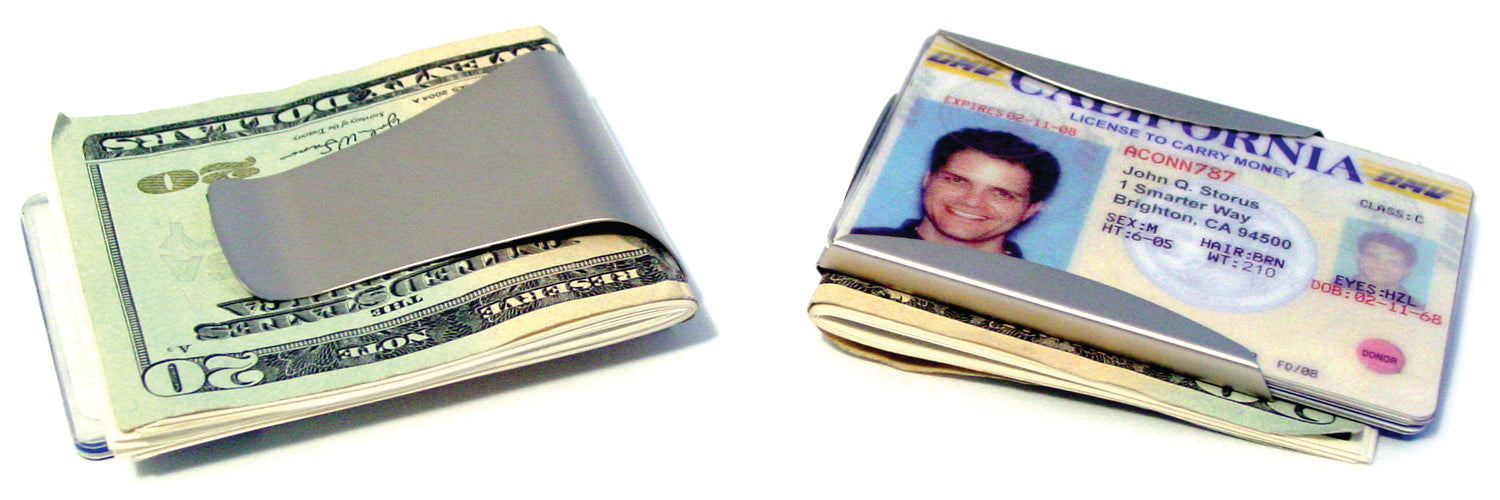 Smart Money Clip clip side and card side shown side by side -#ScottKaminski #Storus #MoneyClip #SlimClip #bestmoneyclip #groomsmangifts #Swag #Love