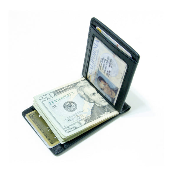 Storus Razor Wallet™ w/ Engraving Plate - Black open view with money and ID inside