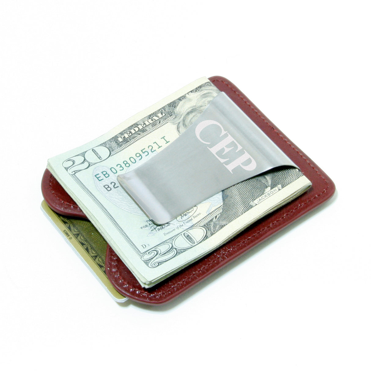 Smart Money Clip® Leather - Wine - Storus - clip side engraved traditional font