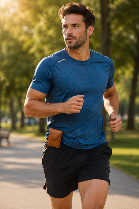 Man running outdoors on a path with trees in the background