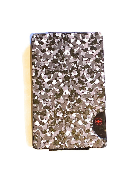 Storus Smart Wallet RFID blocking card holder money clip wallet in gray and black camouflage print flat side shown