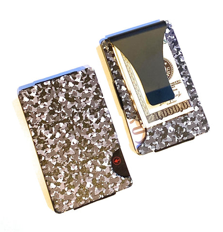 Storus Smart Wallet RFID blocking card holder money clip wallet in gray and black camouflage print front and back shown side by side filled with money and cards