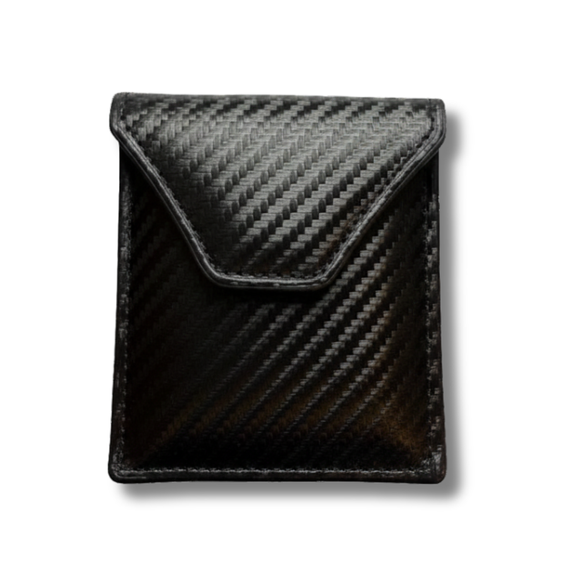 Carbon fiber patterned pouch on a white background