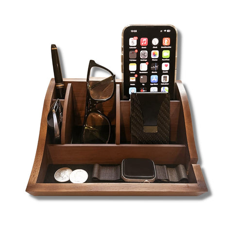 Storus Smart Valet Tray in walnut finish filled with pen, keys, glasses, wallet, smart phone, smart watch and money