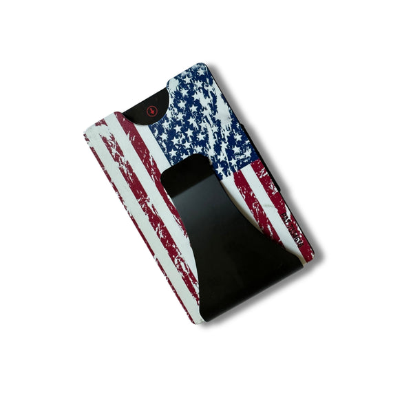 Storus Smart Wallet RFID Blocking card holder money clip wallet in distressed American Flag print clip side shown