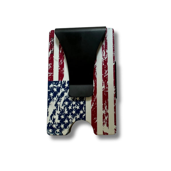 Storus Smart Wallet RFID Blocking card holder money clip wallet in distressed American Flag print clip side shown