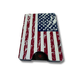 Storus Smart Wallet RFID Blocking card holder money clip wallet in distressed American Flag print push hole side shown