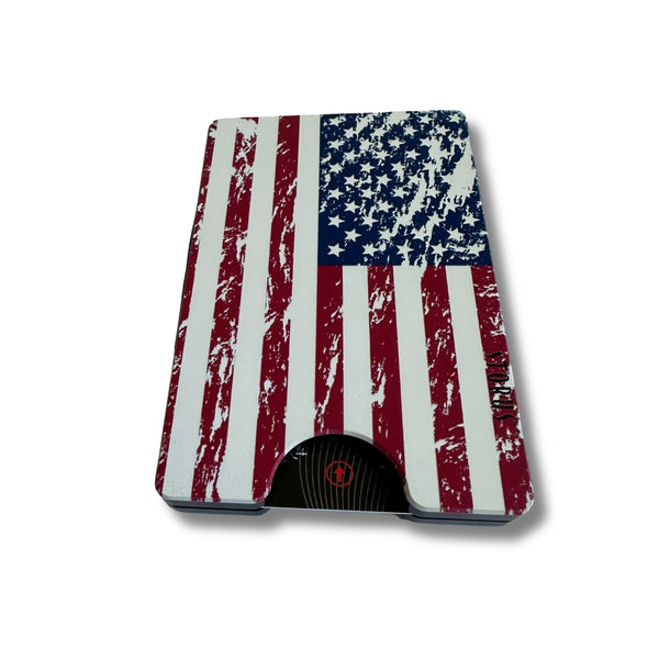 Storus Smart Wallet RFID Blocking card holder money clip wallet in distressed American Flag print push hole side shown