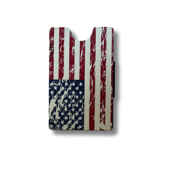 Storus Smart Wallet RFID Blocking card holder money clip wallet in distressed American Flag print flat side shown