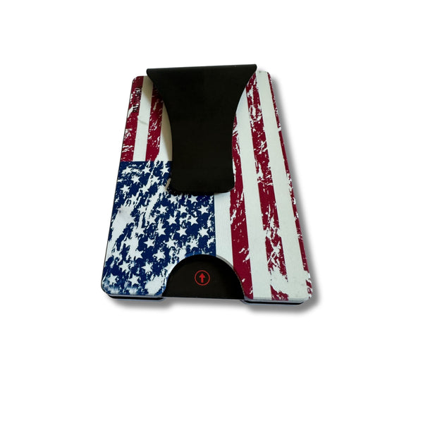 Storus Smart Wallet RFID Blocking card holder money clip wallet in distressed American Flag print clip side shown