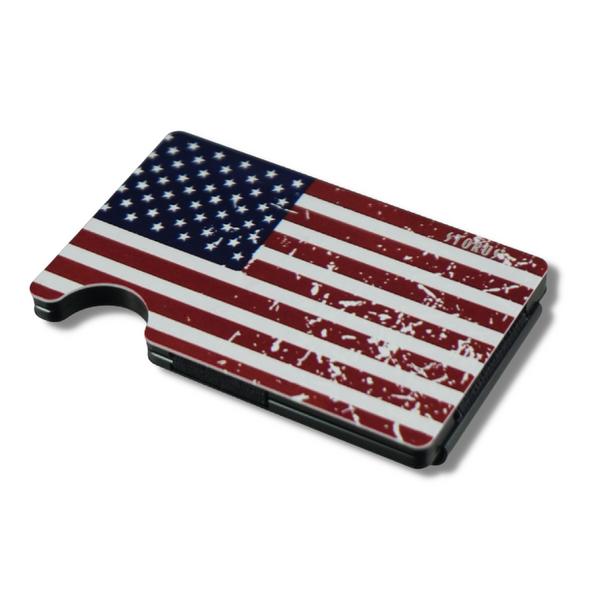 Storus Smart Wallet RFID Blocking card holder money clip wallet in distressed American Flag print front side shown