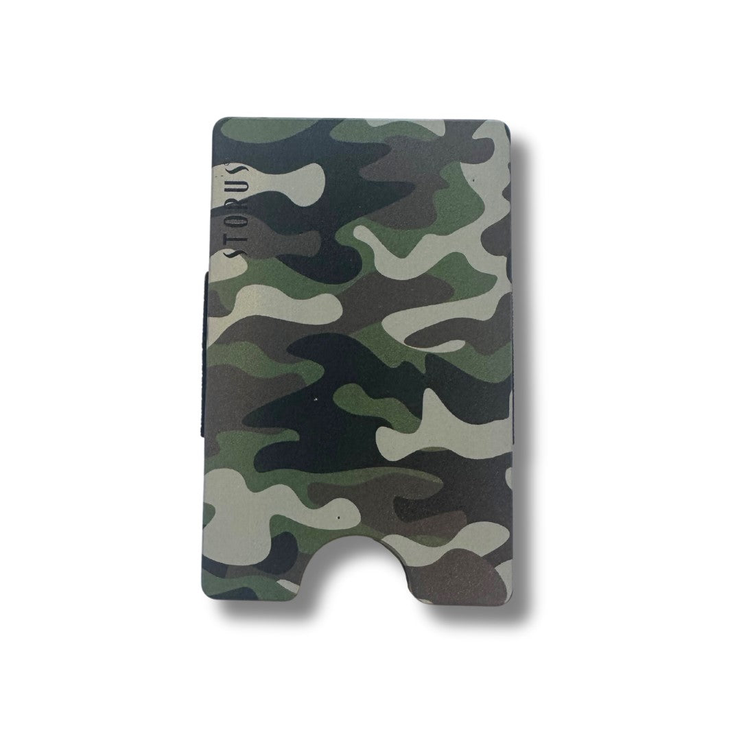 Storus Smart Wallet  RFID blocking card holder money clip in green camouflage print flat side