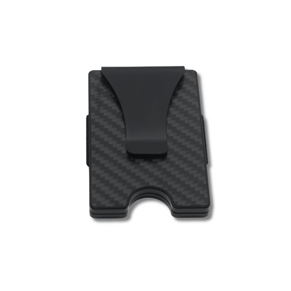 Storus Smart Wallet RFID Card Holder Money Clip in Carbon Fiber material clip side shown push hole side