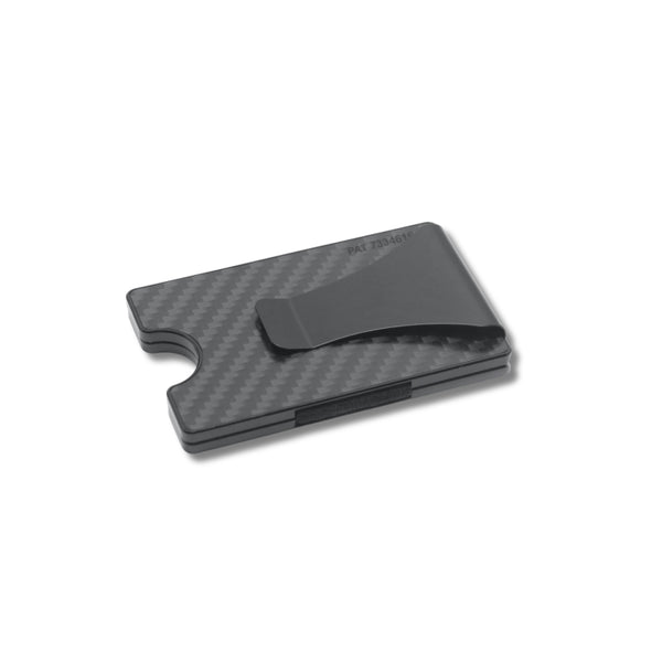 Storus Smart Wallet RFID Card Holder Money Clip in Carbon Fiber material clip side shown empty