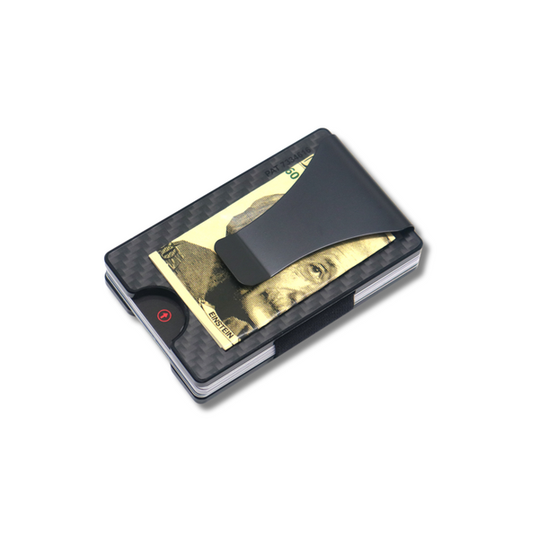 Storus Smart Wallet RFID Card Holder Money Clip in Carbon Fiber material clip side shown filled