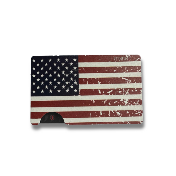 Storus Smart Wallet RFID Blocking card holder money clip wallet in distressed American Flag print front side shown