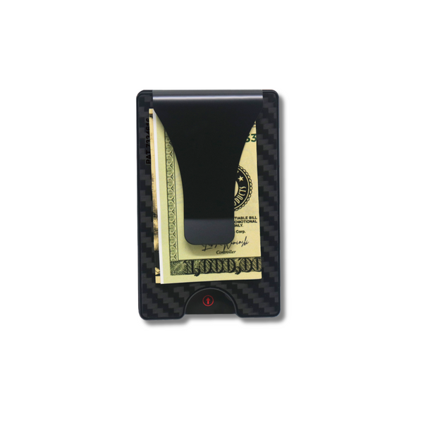 Storus Smart Wallet RFID Card Holder Money Clip in Carbon FIber material clip side shown with million dollar bill under clip