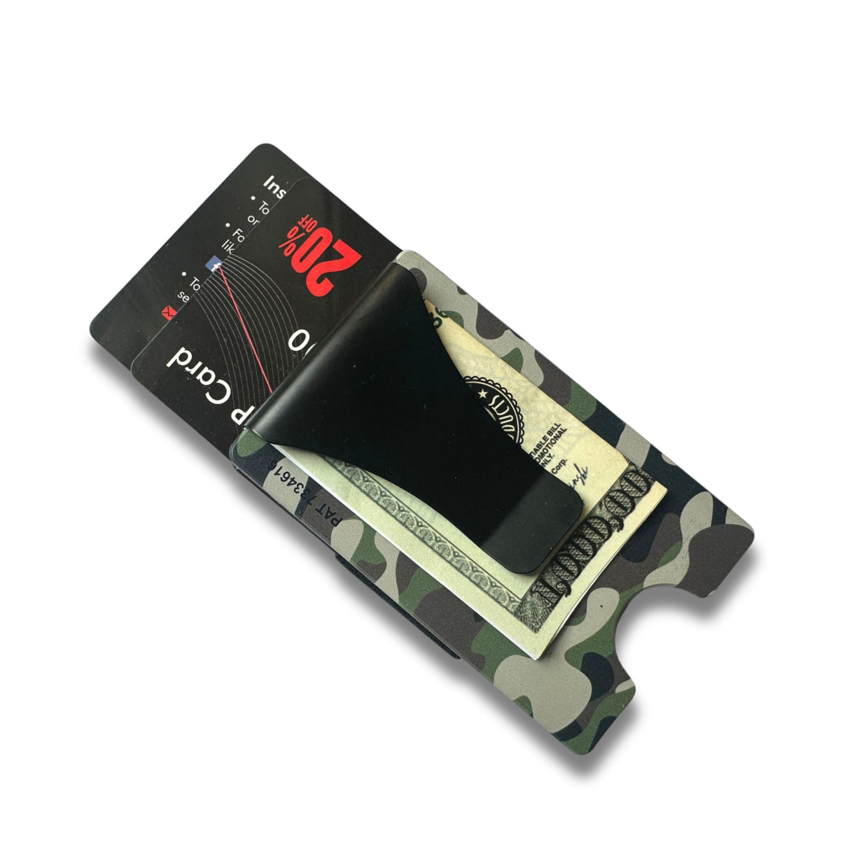 Storus Smart Wallet  RFID blocking card holder money clip in green camouflage print  with cards coming out