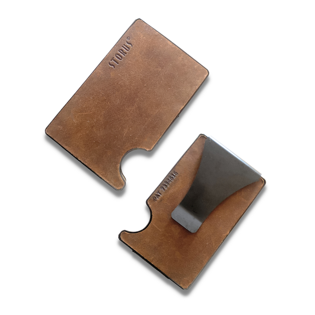 Metal Money Clip Wallet - 100% Brown Leather