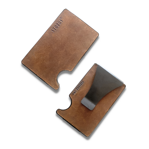 Storus Smart Wallet leather RFID blocking card holder money clip clip side and back side shown side by side