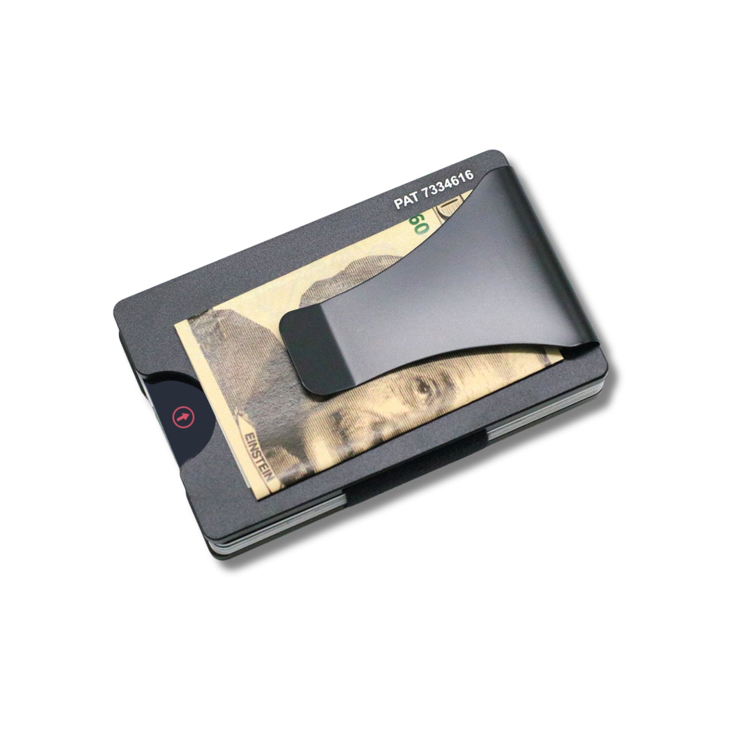 Smart Wallet Trackable with air tag compartment clip side shown filled with cards and cash