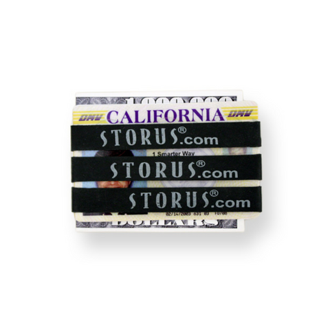 Storus Rubber Band Wallet set of 3 shown on a drivers license