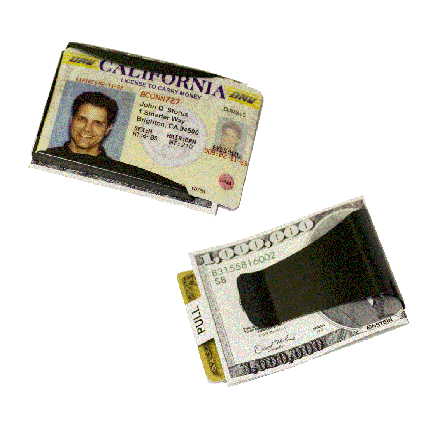 Storus® Smart Money Clip® Brushed Matte Black channel side shown with ID inside and clip side with fake money inside - #ScottKaminski #Storus #MoneyClip #SlimClip #bestmoneyclip #groomsmangifts #Swag #Love #trump #President