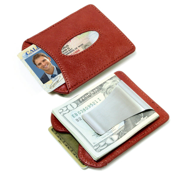  Storus® Smart Money Clip® Leather - Wine Redf - front and back shown side by side and filled